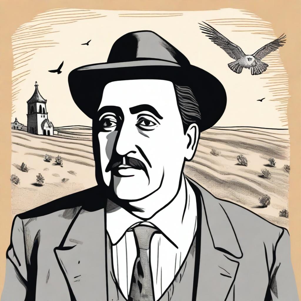 Draw a portrait of Antonio Machado in the center of the illustration, showing his face with a serene and introspective expression