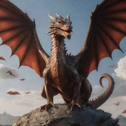 A majestic dragon holding a pose, with all Targaryen dragons flying around it in the sky