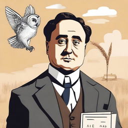 Create a portrait of Antonio Machado in the center of the illustration, showing his face with a serene and introspective expression