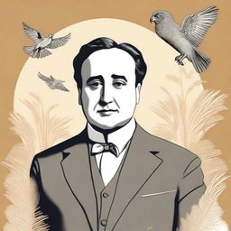 Create a portrait of Antonio Machado in the center of the illustration, showing his face with a serene and introspective expression