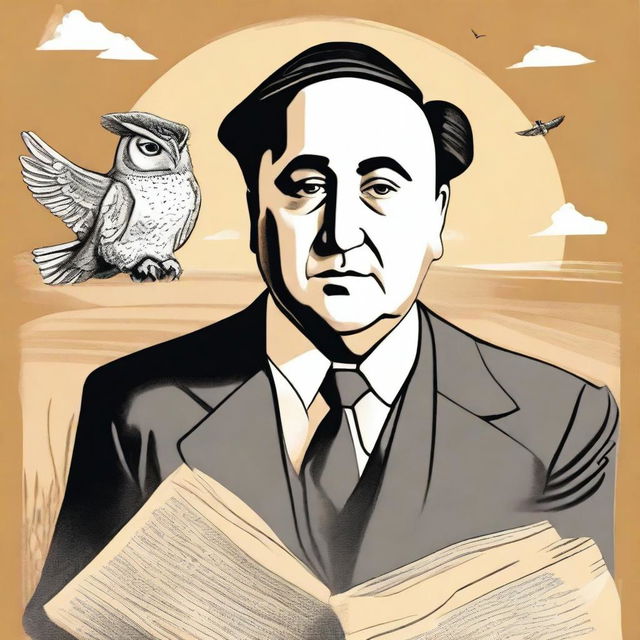 Create a portrait of Antonio Machado in the center of the illustration, showing his face with a serene and introspective expression