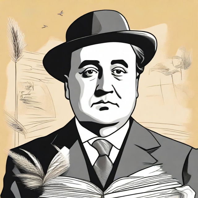 Create a portrait of Antonio Machado in the center of the illustration, showing his face with a serene and introspective expression