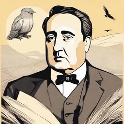 Create a portrait of Antonio Machado in the center of the illustration, showing his face with a serene and introspective expression