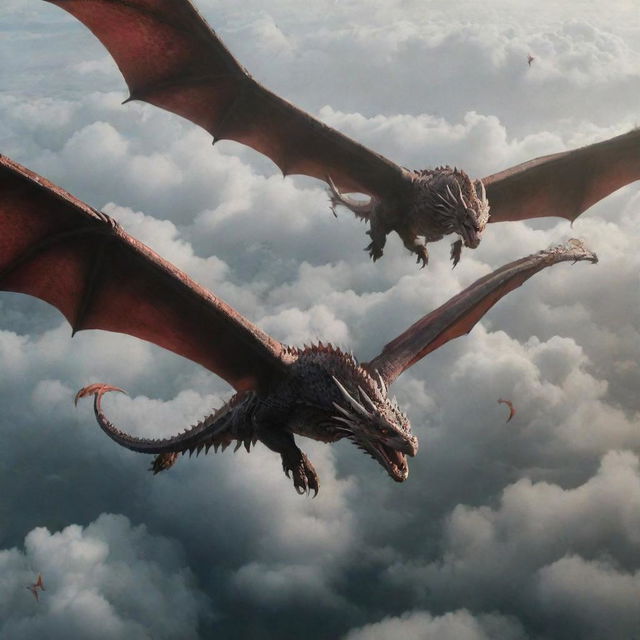 An imposing aerial view of a powerful army of Targaryen dragons soaring through the sky