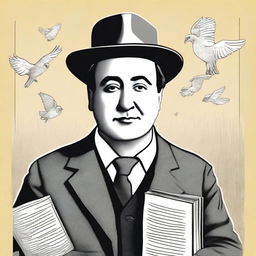 Create a portrait of Antonio Machado in the center of the illustration, showing his face with a serene and introspective expression