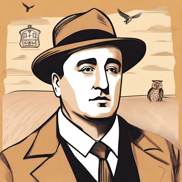 Create a portrait of Antonio Machado in the center of the illustration, showing his face with a serene and introspective expression