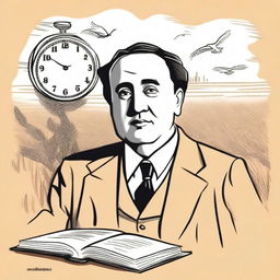 Create a portrait of Antonio Machado in the center of the illustration, showing his face with a serene and introspective expression