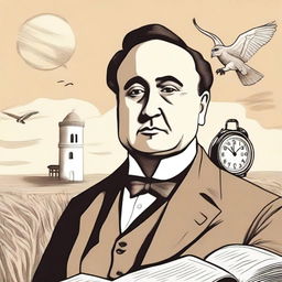 Create a portrait of Antonio Machado in the center of the illustration, showing his face with a serene and introspective expression