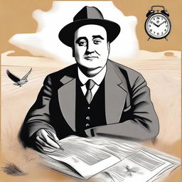 Create a portrait of Antonio Machado in the center of the illustration, showing his face with a serene and introspective expression