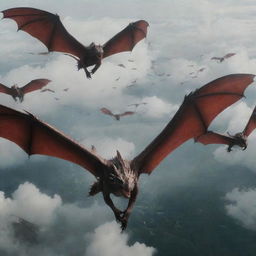 An imposing aerial view of a powerful army of Targaryen dragons soaring through the sky