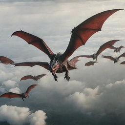 An imposing aerial view of a powerful army of Targaryen dragons soaring through the sky