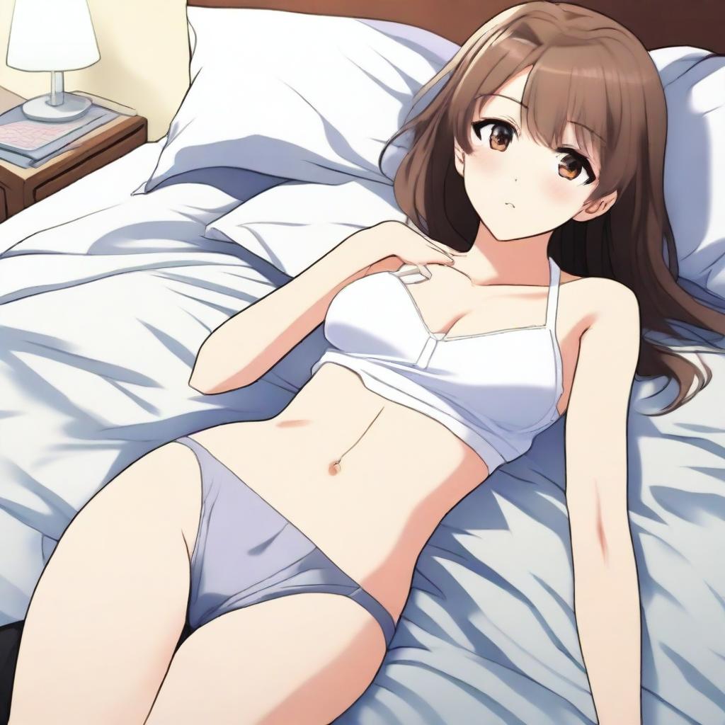 An anime girl lying on a bed with a beautiful face, soft legs, and above average chest size