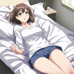 An anime girl lying on a bed with a beautiful face, soft legs, and above average chest size