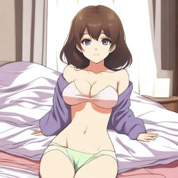 An anime girl lying on a bed with a beautiful face, soft legs, and above average chest size