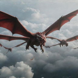 An imposing aerial view of a powerful army of Targaryen dragons soaring through the sky