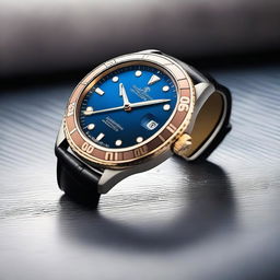 A high-quality image of a sophisticated wristwatch with a blue dial and a black and gold bezel