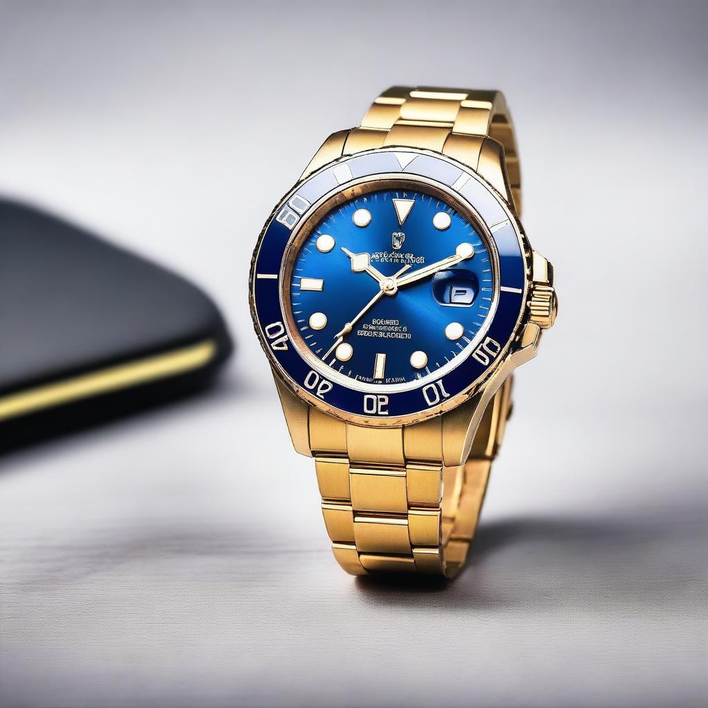 A high-quality image of a sophisticated wristwatch with a blue dial and a black and gold bezel