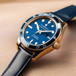 A high-quality image of a sophisticated wristwatch with a blue dial and a black and gold bezel