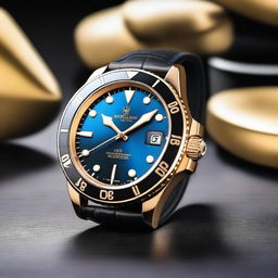 A high-quality image of a sophisticated wristwatch with a blue dial and a black and gold bezel