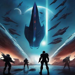 A futuristic and tense book cover featuring powerful starships shaped like swords in a dramatic space battle with smaller aquatic-like alien vessels