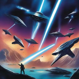 A futuristic and tense book cover featuring powerful starships shaped like swords in a dramatic space battle with smaller aquatic-like alien vessels