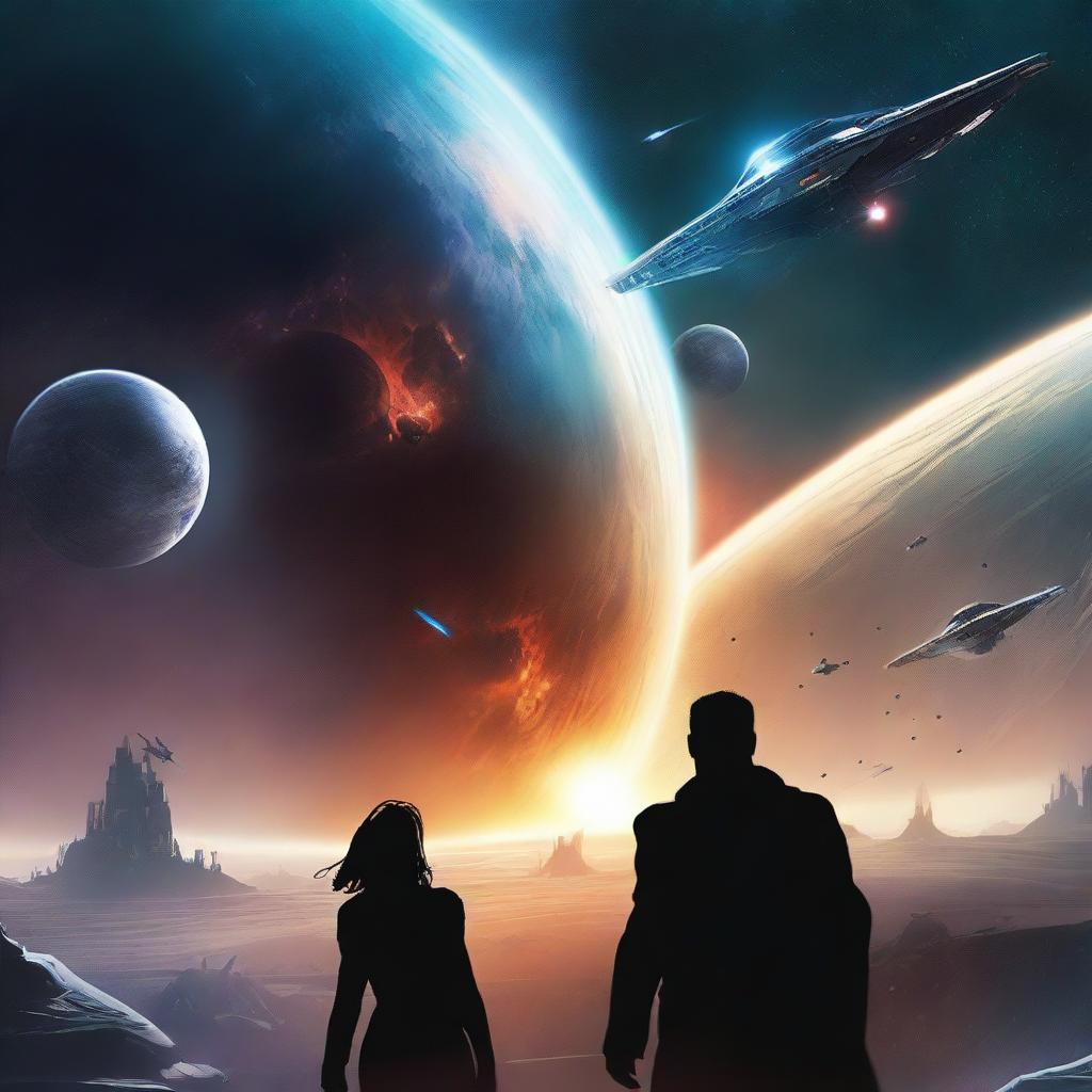 A futuristic and tense science fiction book cover featuring powerful starships engaged in a dramatic space battle