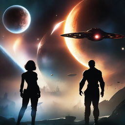 A futuristic and tense science fiction book cover featuring powerful starships engaged in a dramatic space battle