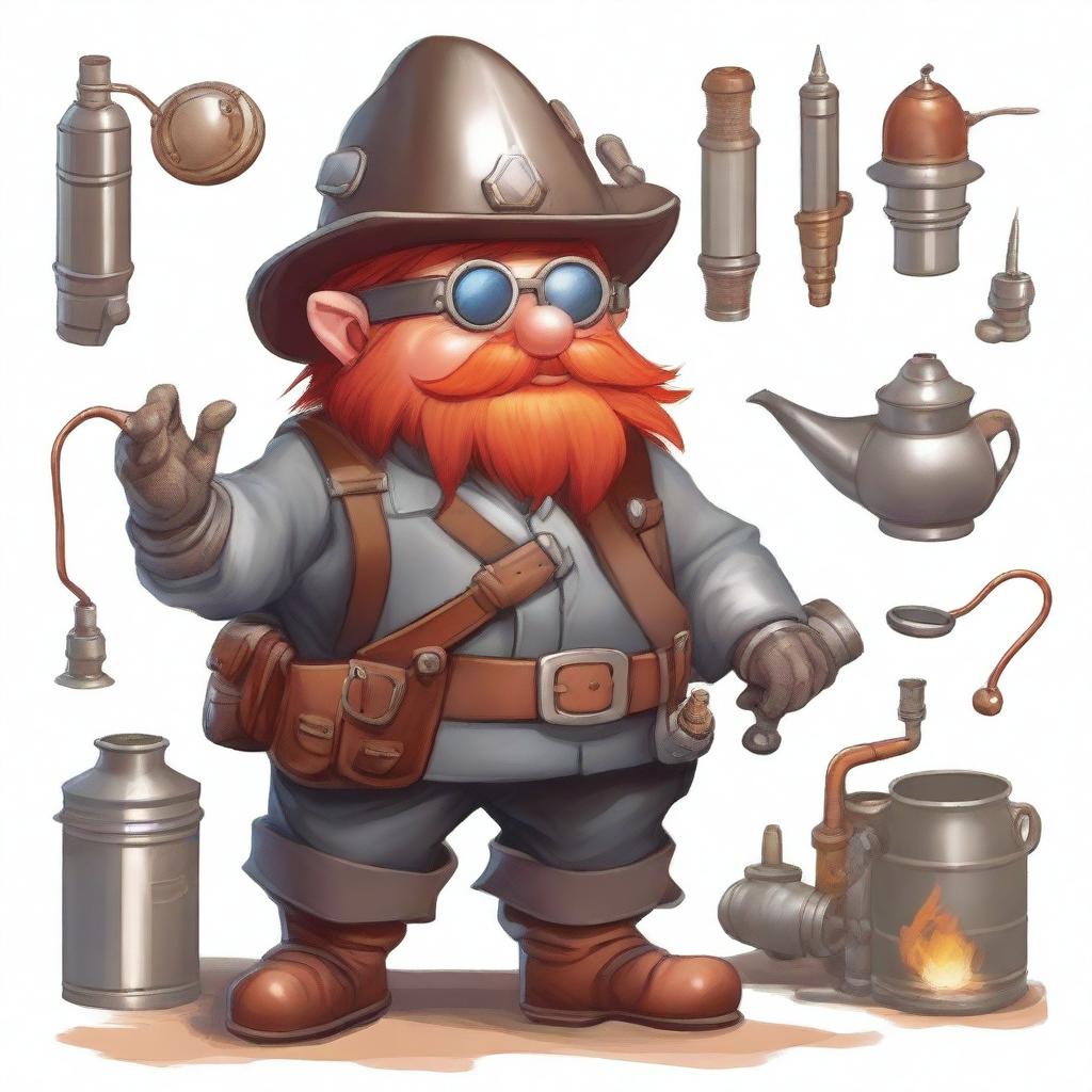 A gnome artificer with red hair, wearing a cowboy hat and welding goggles, dressed in plate armor