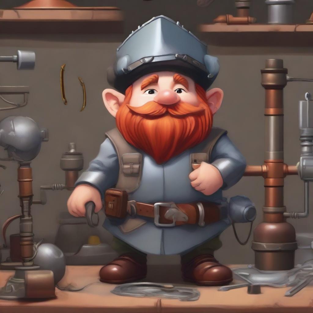 A gnome artificer with red hair, wearing a cowboy hat and welding goggles, dressed in plate armor