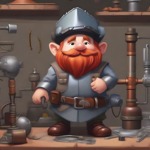 A gnome artificer with red hair, wearing a cowboy hat and welding goggles, dressed in plate armor