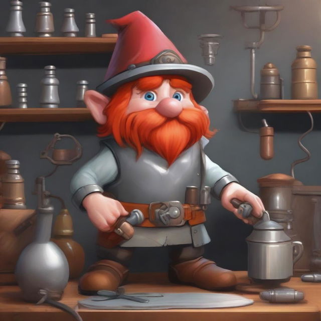 A gnome artificer with red hair, wearing a cowboy hat and welding goggles, dressed in plate armor