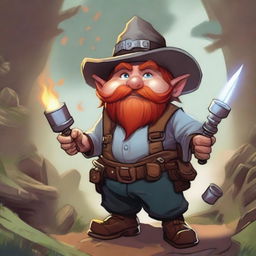 A Dungeons & Dragons 5th Edition gnome artificer with red hair and red mutton chops, wearing a cowboy hat and welding goggles