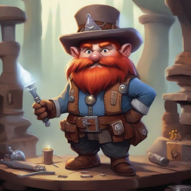 A Dungeons & Dragons 5th Edition gnome artificer with red hair and red mutton chops, wearing a cowboy hat and welding goggles