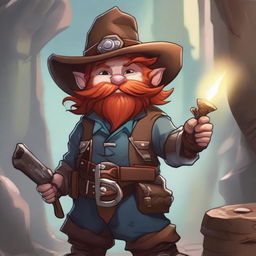 A Dungeons & Dragons 5th Edition gnome artificer with red hair and red mutton chops, wearing a cowboy hat and welding goggles