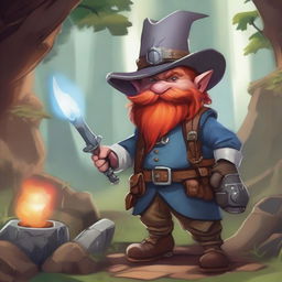 A Dungeons & Dragons 5th Edition gnome artificer with red hair and red mutton chops, wearing a cowboy hat and welding goggles