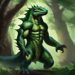 A druid big lizardman with black scales and green eyes