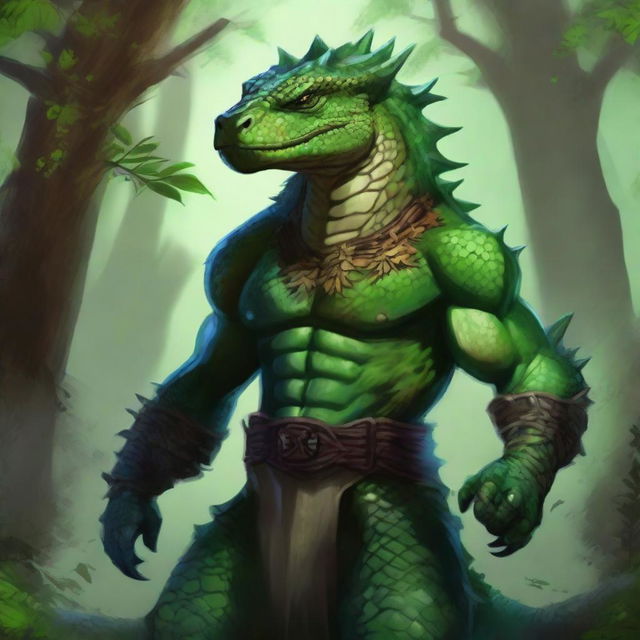 A druid big lizardman with black scales and green eyes