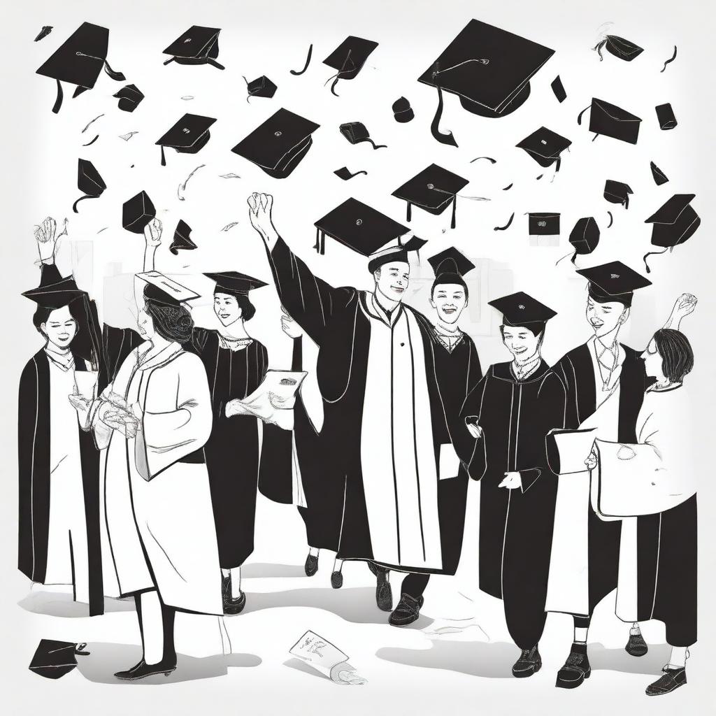 Create a cover featuring black and white drawings of graduation scenes