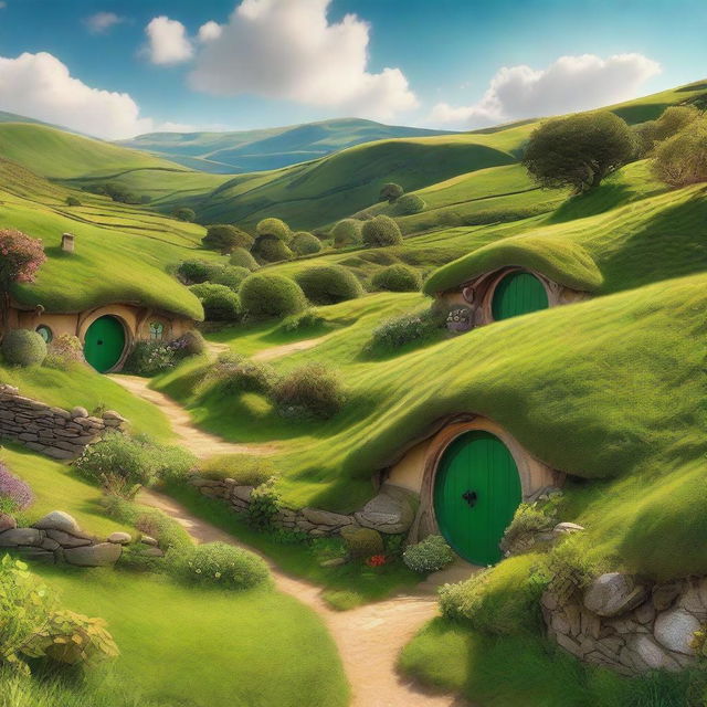 A serene and picturesque background image depicting a lush, green landscape where hobbits live