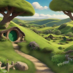 A serene and picturesque background image depicting a lush, green landscape where hobbits live