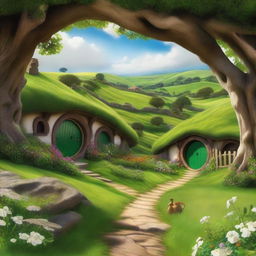 A serene and picturesque background image depicting a lush, green landscape where hobbits live