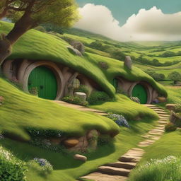 A serene and picturesque background image depicting a lush, green landscape where hobbits live