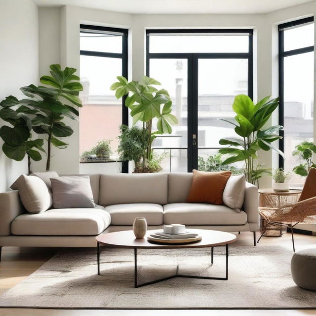 A beautifully decorated living room with modern furniture, a cozy sofa, a coffee table, and stylish wall art