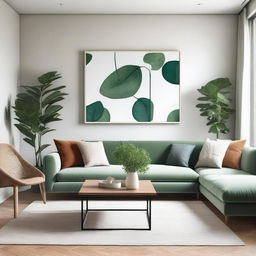 A beautifully decorated living room with modern furniture, a cozy sofa, a coffee table, and stylish wall art