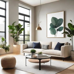 A beautifully decorated living room with modern furniture, a cozy sofa, a coffee table, and stylish wall art