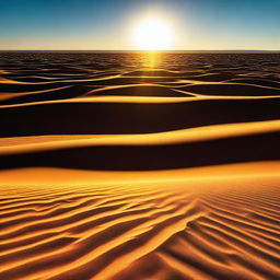 A striking and intense image featuring a blazing sun in a clear blue sky, casting a golden glow over a desert landscape