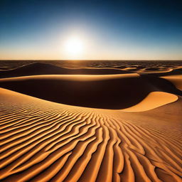 A striking and intense image featuring a blazing sun in a clear blue sky, casting a golden glow over a desert landscape