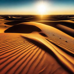 A striking and intense image featuring a blazing sun in a clear blue sky, casting a golden glow over a desert landscape