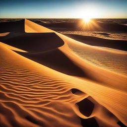 A striking and intense image featuring a blazing sun in a clear blue sky, casting a golden glow over a desert landscape