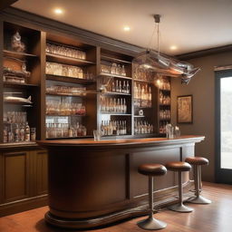 A stylish home bar with aviation-themed decorations